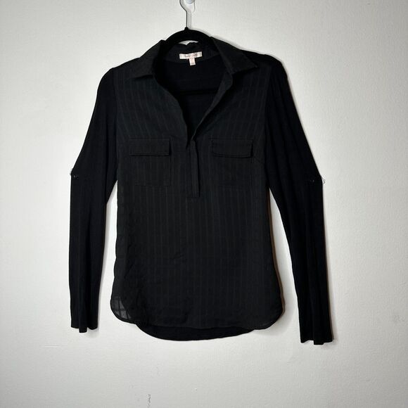 Skies Are Blue Black Stripe Stretch Front Pockets Long Sleeve Collar Blouse XS - Picture 2 of 12